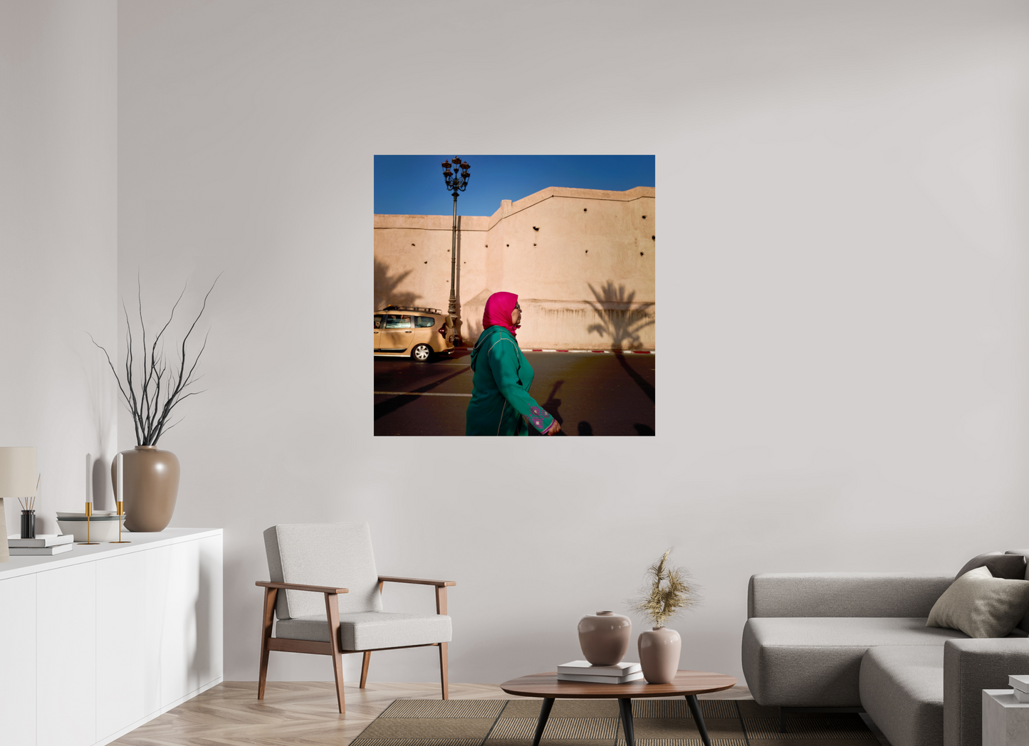 45 x 45″, Color standard Marrakech Lady in Red Head Scarf