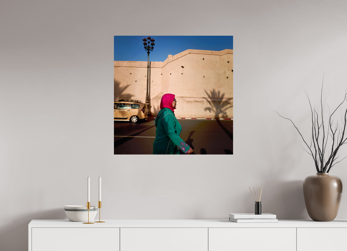 30 x 30″, Color standard Marrakech Lady in Red Head Scarf