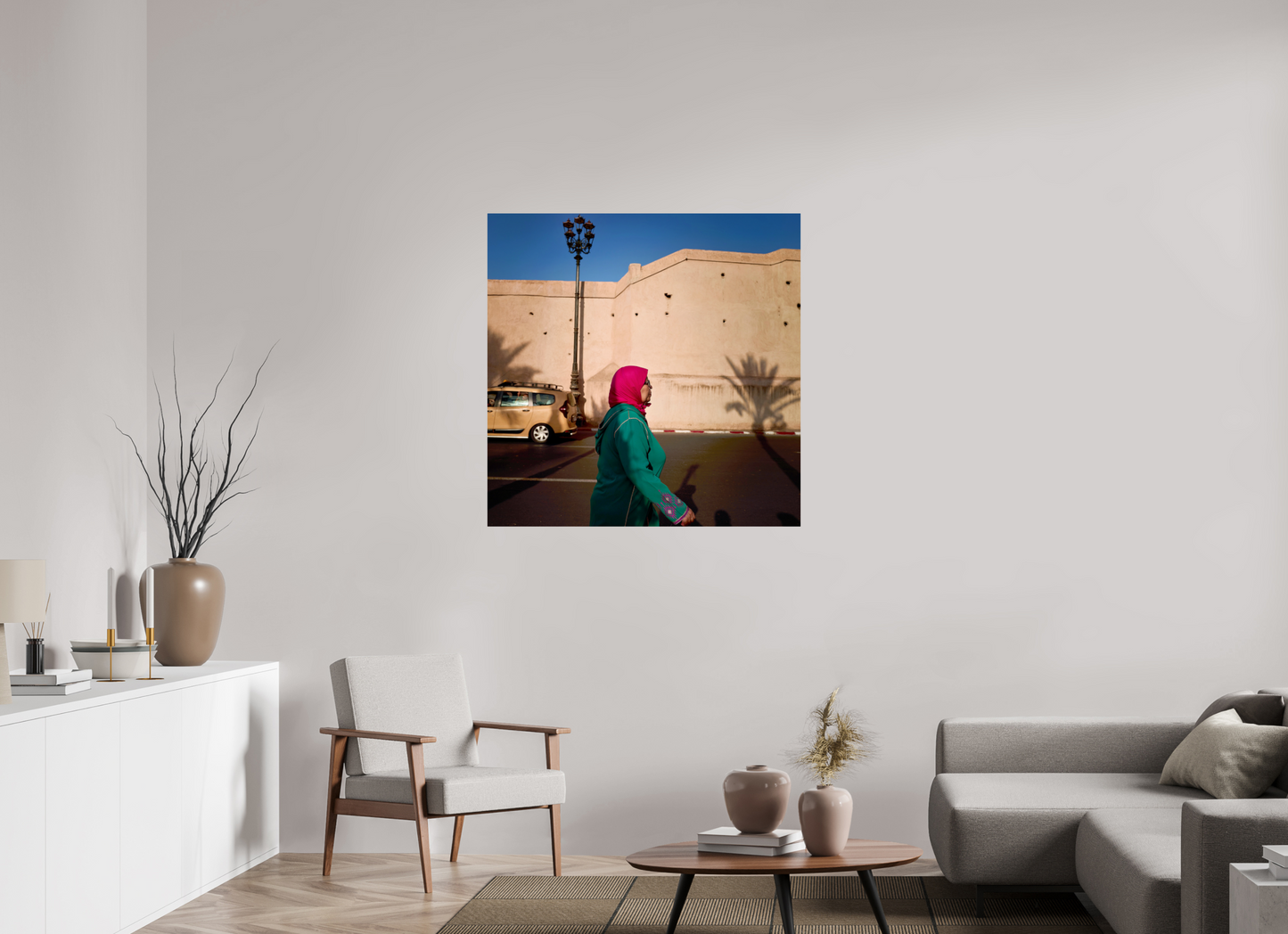 40 x 40″, Color standard Marrakech Lady in Red Head Scarf
