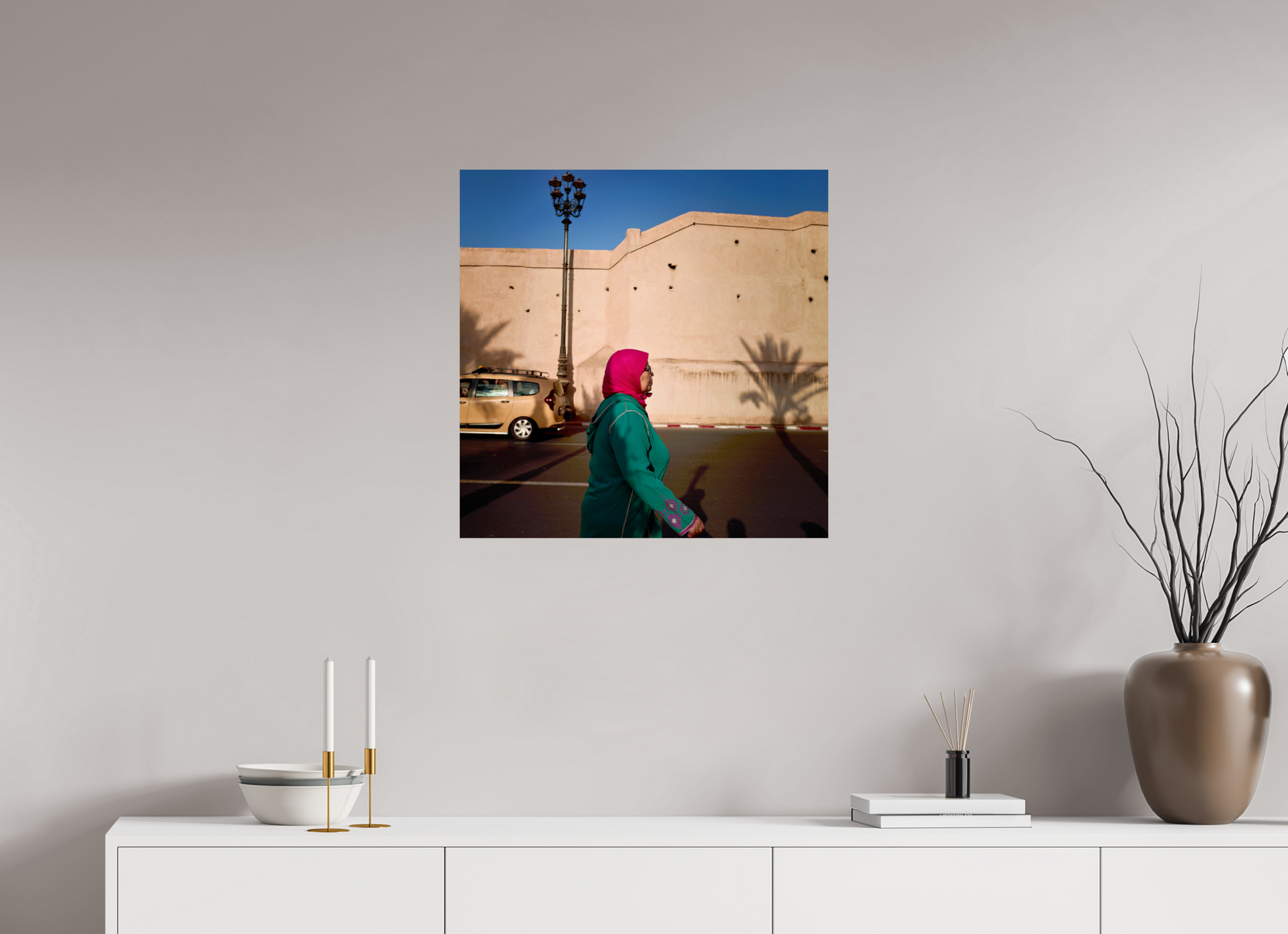 25 x 25″, Color standard Marrakech Lady in Red Head Scarf